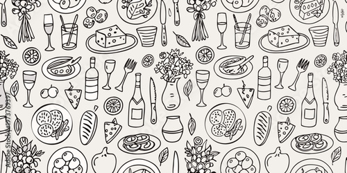 Detailed picnic and dining items pattern with dark outlines silhouette