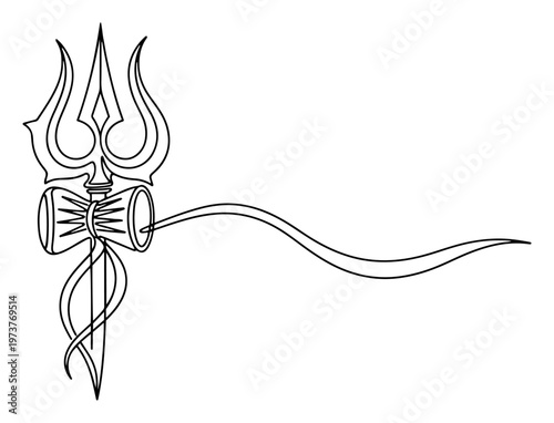 Trishula trident with damaru drum sacred symbol of Lord Shiva in continuous line art style