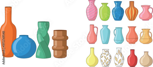 Colorful Modern Ceramic Vase Collection with Abstract Shapes Patterned Designs and Minimal Decorative Pottery Styles in Flat Vector Illustration Set