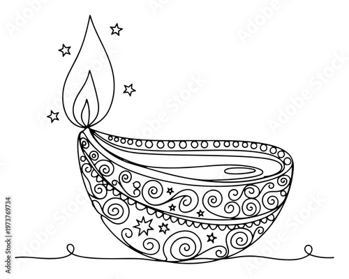 Burning diya lamp with stars and decorative patterns for diwali festival in continuous line art style