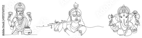 Hindu gods Lakshmi Krishna and Ganesha portraits together in minimalist continuous line art style