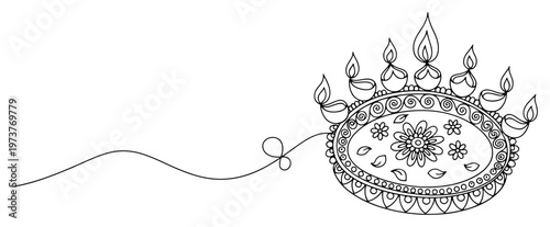 Decorative puja thali with oil lamps and floral patterns in line art style