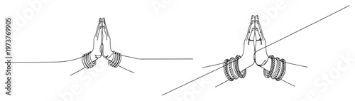 Namaste prayer hands with traditional bangles in minimalist continuous line art style