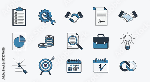 A collection of fifteen hand-drawn business and finance icons featuring handshakes, charts, tools, and office supplies in blue tones.
