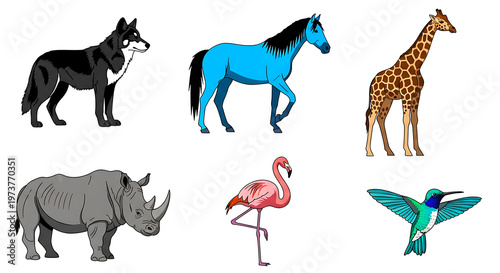 A collection of animals and robots with colorful segmented designs