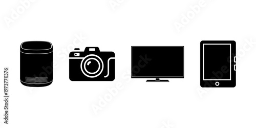 Smart Speaker, Camera, TV and Tablet Icons Set. gadget pack, audio device, photo camera, flat screen tv