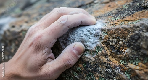Close up of rock climber's hand with chalk on rough rock texture during outdoor bouldering