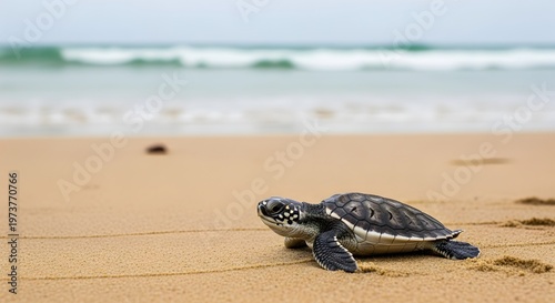 Close up of small turtle hatchling walking on sandy beach towards ocean waves