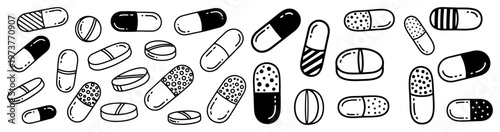 Medical pills and capsules set in hand drawn doodle style