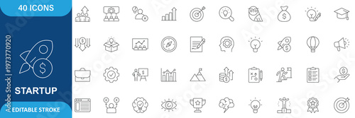 Startup icon set. startup, business, innovation, entrepreneur, creative, growth, strategy, planning, success, rocket, idea, plan and etc. Icon Collection. Editable stroke.