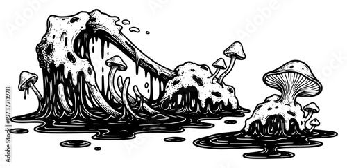 Melting bones and mushrooms in dark landscape with slime and toxic puddles surreal engraving style