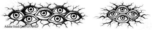 Human eyes peering through cracked wall surface in eerie vintage woodcut style
