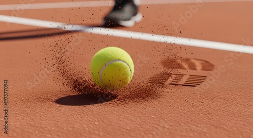 Close up of tennis ball hitting red clay court with dust kicking up on sunny day