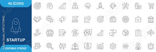 Startup icon set. startup, business, innovation, entrepreneur, creative, growth, strategy, planning, success, rocket, idea, plan and etc. Icon Collection. Editable stroke.