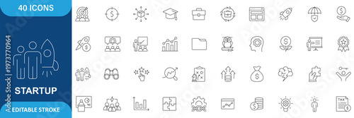 Startup icon set. startup, business, innovation, entrepreneur, creative, growth, strategy, planning, success, rocket, idea, plan and etc. Icon Collection. Editable stroke.