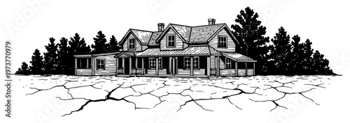Farmhouse standing on dry cracked earth with forest background in woodcut style