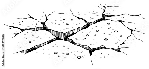 Cracked earth surface showing deep fissures and parched soil texture in pen and ink style