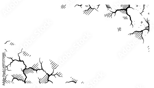 Cracked concrete wall border frame with broken edges in hand drawn ink sketch style