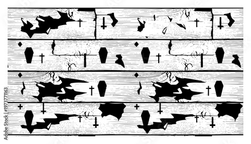 Halloween wood planks with bat and coffin silhouettes vintage engraving style