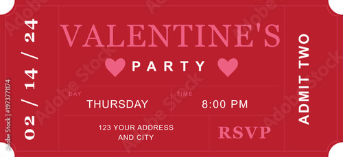 Valentine's Party Ticket Vector, Red Event Admission Pass with Hearts, Romantic Date Night Invitation Template for February 14th