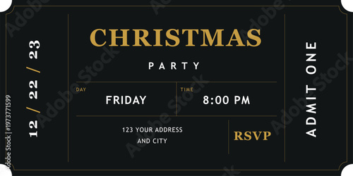 Elegant Christmas party ticket vector, luxury gold and black holiday invitation template, admit one event pass with RSVP details