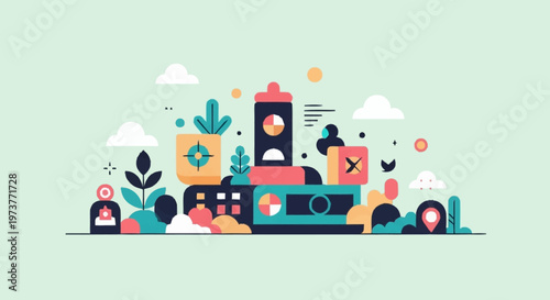 A vibrant illustration of a modern cityscape with various buildings and plants.