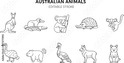 Australian animals outline icons collection featuring kangaroo platypus koala echidna possum emu wombat dingo editable stroke vector illustration set