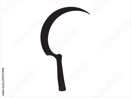 Grass sickle Black silhouette vector, Sickle silhouette vector illustration, curved farming harvest tool icon design