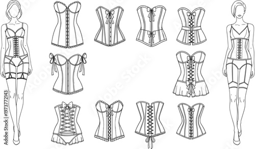 Collection of female corset and bodice technical sketches featuring various lace up styles and structured garment templates for fashion design tech packs