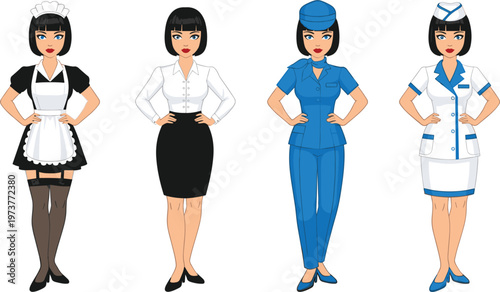 Collection of women in professional work uniforms featuring maid service office worker flight attendant and medical nurse vector characters