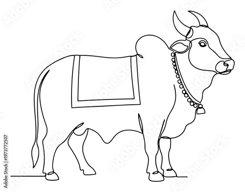 Canvas Print Sacred brahman bull with hump and bell in minimalist continuous line art style