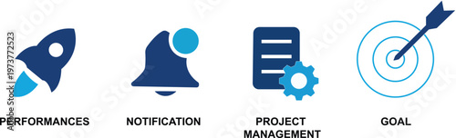 Project management icon collection featuring project management, Goal, Notification, Performance icon vector 
