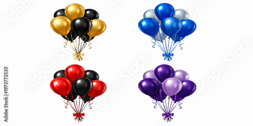 Colorful helium balloons in red, blue, and yellow with ribbons fly against a white background for a happy birthday party celebration illustration