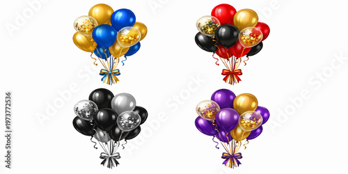 A vibrant group of colorful helium balloons including yellow, pink, orange, and blue rubber objects isolated on a white background for a happy birthday celebration or festive party decoration