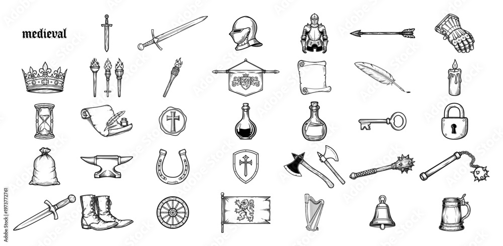 Fototapeta premium Medieval icons set with sword armor crown and ancient equipment in hand drawn line art style