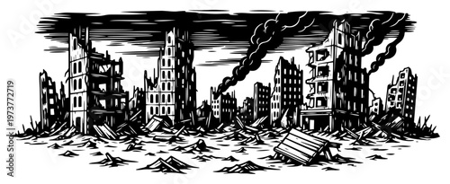 Bild auf Leinwand Destroyed city landscape with ruined buildings and smoke in vintage engraving st