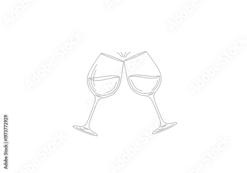 Two wine glasses clinking in a toast, line art drawing, illustration conveys