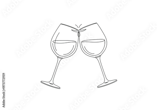 Outline drawing of two red wine glasses clinking in a toast with line art