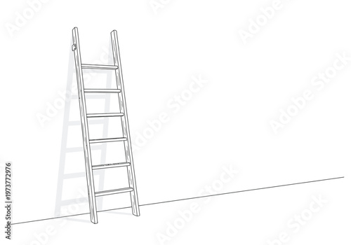 Wooden ladder leaning against a blank wall with shadow, simple illustration