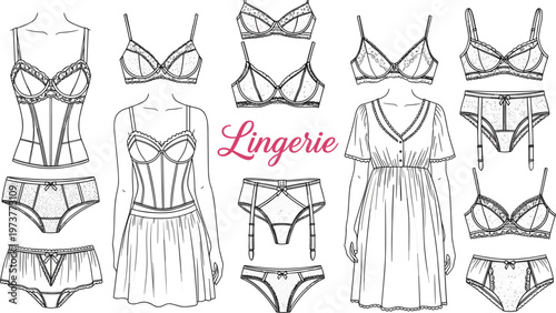 Collection of female lingerie technical sketches including bras panties corsets and nightwear templates for fashion apparel design and tech packs