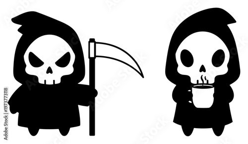 Schilderij op canvas Grim reaper cartoon characters with scythe and coffee mug in minimalist flat sty