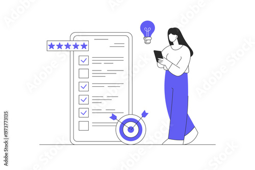 Online survey, test, exam, quiz. Woman filling survey form, leave a review feedback on checklist. Flat Cartoon Vector Illustration, icon Stylish abstract design landing page web