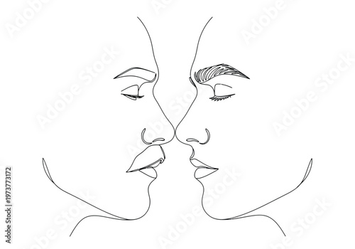 Continuous line art of couple kissing intensely with the focus
