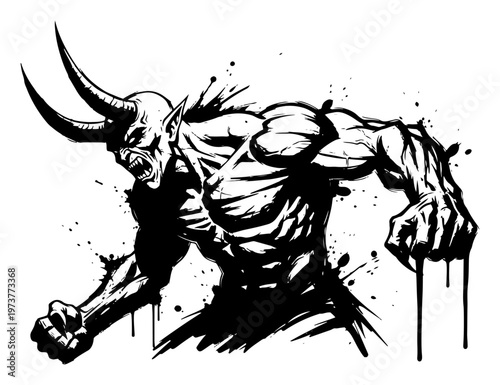 Angry muscular demon with horns and ink splatters in aggressive sketch style