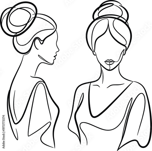 Minimalist continuous line art drawing of elegant woman with hair bun in front and side profile views for beauty fashion and salon logo design