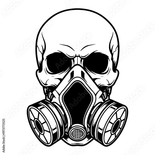 Fotografie Human skull wearing gas mask respirator in detailed tattoo engraving style
