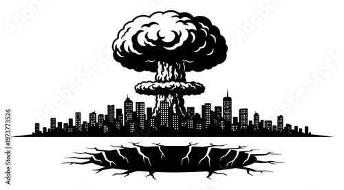 Nuclear explosion mushroom cloud over city skyline with crater in dramatic graphic style