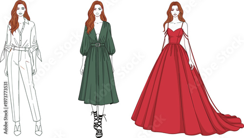Set of professional female fashion illustrations featuring casual jumpsuit midi dress and elegant red evening gown for apparel design luxury branding and editorial sketches.
