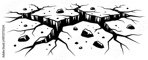 Cracked earth ground with deep fissures and scattered rocks in bold line art style