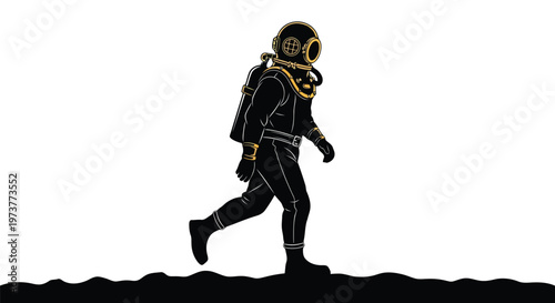 Vintage deep sea diver walking on ocean floor vector illustration